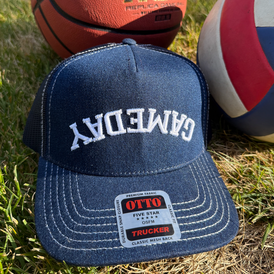 Upside Down Gameday denim trucker hat